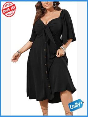 Plus Size Midi Dress Casual Short Sleeve V Neck Smocked Button Down Flowy Boho